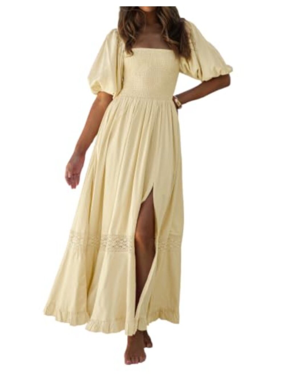 Boho Maxi Dress with Pockets Puff Sleeve Square Neck Smocked Ruffle Casual